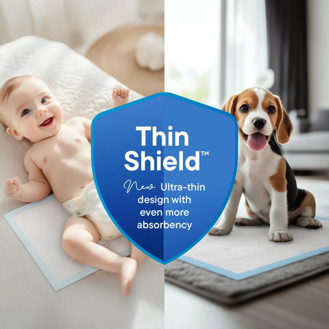 No Fuss And No Sweat 300 Pack Disposable Underpads And Chux Pee Pads Measuring 17X24 Inches with baby and dog on pads.