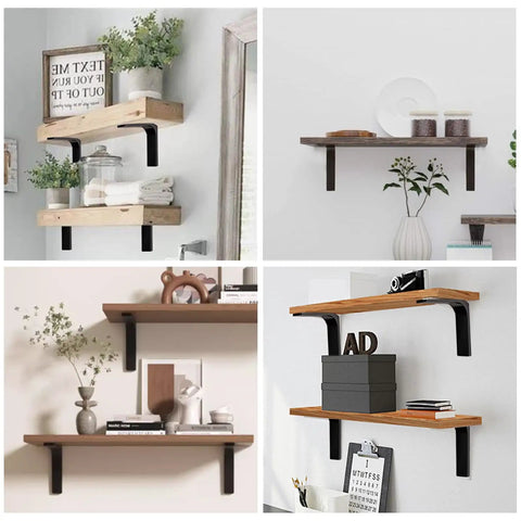 Bad Ass Black Heavy Duty Wall Mount Shelf Brackets 4 Inch L-Shaped Steel Brackets holding wooden shelves with decor.