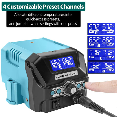 Pro Grade 110W Digital Soldering Station Kit With LCD Display And Sleep Mode, showing 4 memory channels and temperature settings.