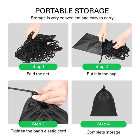 Step-by-step guide for storing Heavy Duty Nylon Cargo Net For Garden And Folding Wagons Measures 36 By 30 Inches Black Elastic Mesh in zippered sack.