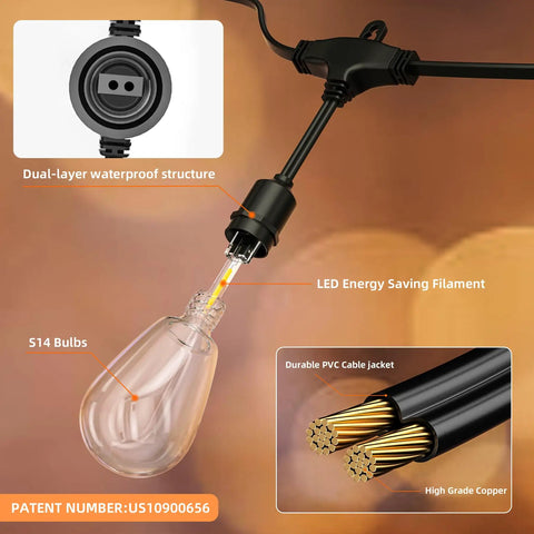 Close-up of Outdoor String Lights 100Ft IP65 Waterproof Connectable Dimmable Patio Cafe Porch Party Vintage Edison Shatterproof Bulbs E26 Sockets