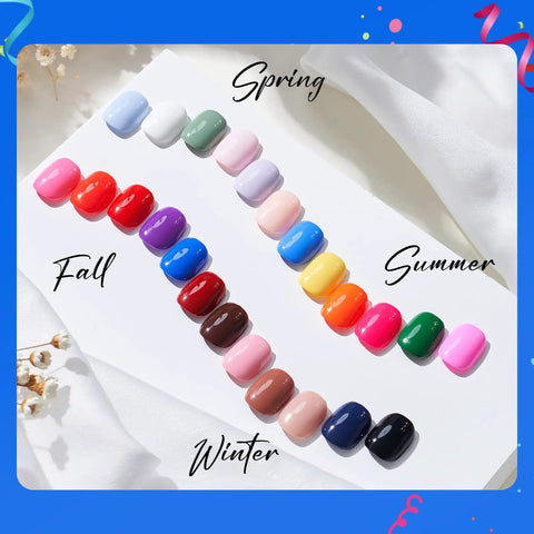Gel Nail Polish Set With 24 Vivid Colors, showcasing color swatches for Spring, Summer, Fall, and Winter on a white card.