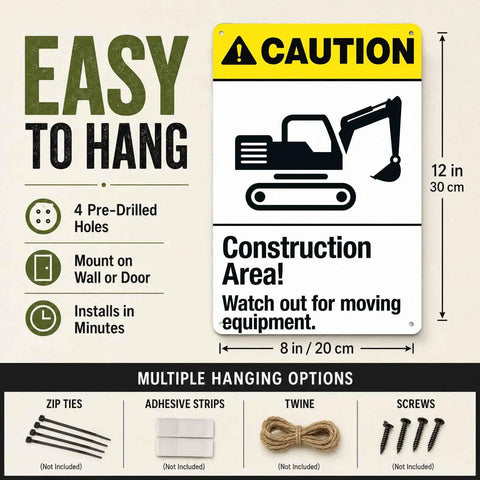 Caution Construction Area Warning Sign 8x12 Inch Aluminum for job sites easy to hang with multiple mounting options shown