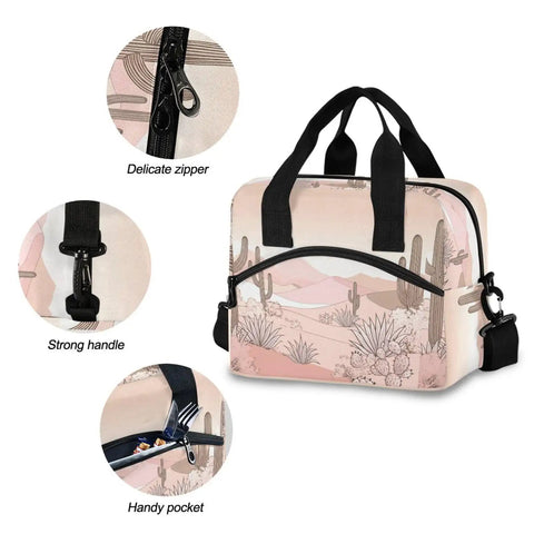 Desert Cactus Cooler Bag Insulated Lunch Box 10L with zipper, handle, and pocket design for durable use