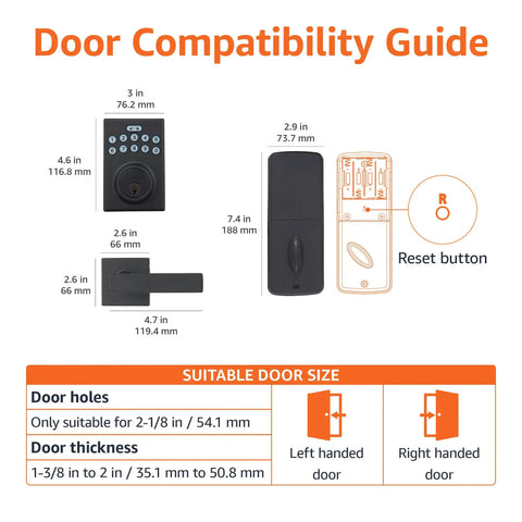 Contemporary Electronic Keypad Door Lock With Matte Black Hardware Designed For Hassle Free Keyless Entry Deadbolt Installation and Rock Solid Home Protection compatibility guide showing dimensions and door sizes.