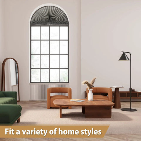 Gray shade from 2 Pack Arch Window Shade For Half Round Windows No Tools Installation Easy Install in modern living room setting.