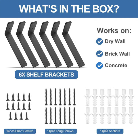 Heavy Duty Shelf Brackets 6 Pack 12 Inch Black L Metal Brackets Hella Sturdy showing six black shelf brackets and installation screws.
