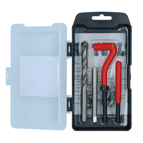 Get Your Threads Fixed Up Right With This M10 By 1.25mm Helicoil Thread Repair Kit showing tools and inserts in a plastic case.