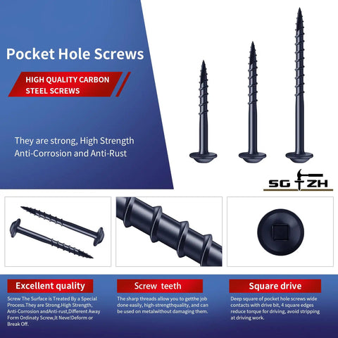Pocket Hole Screws Size Eight By One And A Half Inch, 316 Pieces, 2 lb Box, Carbon Steel Blue Washer Head Coarse Thread