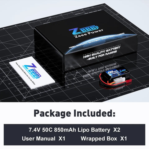 Package of Two Pack 2S 7.4V 850mAh 50C LiPo Battery Soft Pack With JST Connector displayed with manual and box