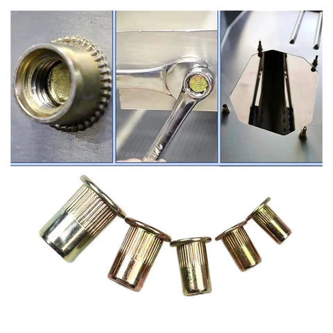 Top Notch Flat Head Rivet Nuts M3 To M12 Zinc Plated Steel With Knurled Grip For Heavy Duty Fastening 10-50 Pcs Assorted Sizes Set display with detailed view.