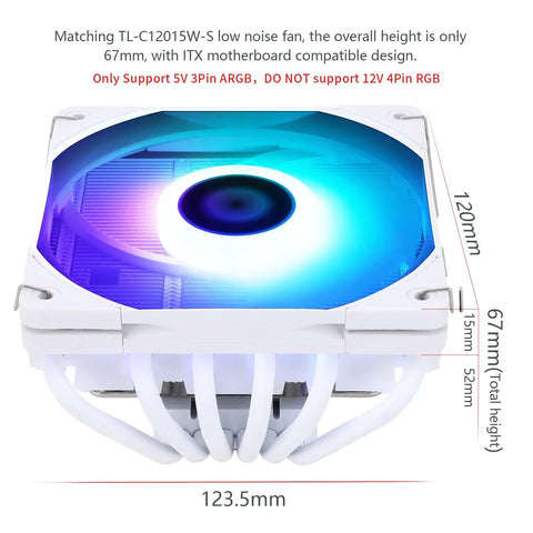 White ARGB Low Profile CPU Air Cooler With Six Copper Heat Pipes And A Quiet 120mm PWM Fan at top view with dimensions