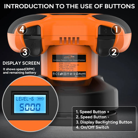 Cordless Car Polisher Kit With 12V 2000mAh Battery Dual Handle Buffer, showing controls and LED display indicating speed.