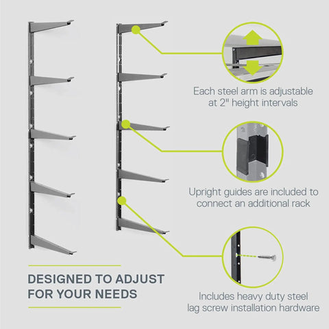 Diagram of Heavy Duty Wood And Lumber Storage Rack Two Pack Holds Up To 960 Lbs Wall Mounted Steel Shelving features and installation