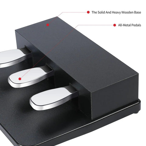 Close-up of Portable 3 Pedal Unit For Digital Pianos With Soft, Sostenuto, And Sustain Pedals, showcasing metal pedals.