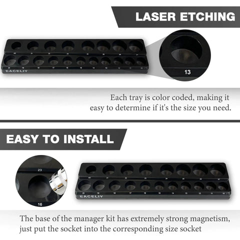 Shop Pro Magnetic Socket Organizer Set Keeps Your Setup Tidy Stores Up To Seventy Five Metric Sockets In 1/4 1/2 And 3/8 Sizes black magnetic tray with labeled sockets.