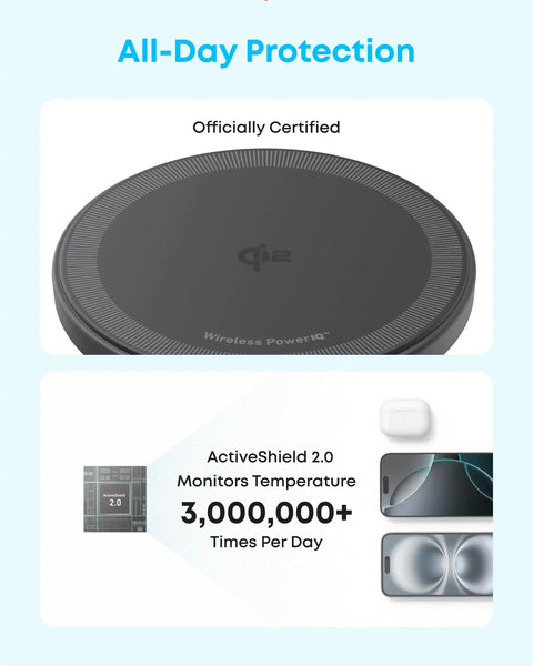 Magnetic Wireless Charger Pad Qi2 Certified 15W MagSafe Compatible For iPhone 17 16 15 Series showing temperature monitoring