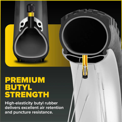 Cross-section of Fat Bike Inner Tubes 26x4.0 With Schrader Valve Two Pack Includes Tire Levers For Mountain Ebike Gravel And City Bikes Fits 26 Inch Fat Tires Durable And Reliable, highlighting butyl rubber strength.
