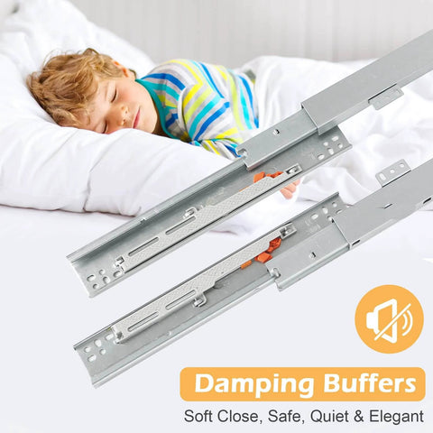 Premium Pair Undermount Drawer Slides With Full Extension And Soft Close, visible with child sleeping, highlighting quiet feature.