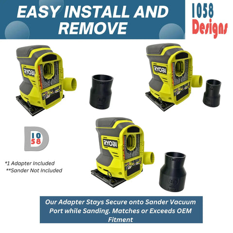 Heavy Duty Sander Vacuum Adapter For Five Inch Orbital And One Quarter Sheet Sanders, Fits One And A Quarter Inch Shop Vac Hoses, shown with sander.