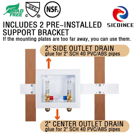 Washing Machine Outlet Box With Water Hammer Arrestor And One Quarter Turn Ball Valves Stop Hammering Noise Easy Install Inlet Half Inch Push To Connect Outlet Three Quarter Inch Male Thread Durable Brass Construction showing 2-inch drain and support bracket.