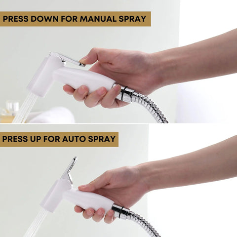 Hands demonstrating use of Premium Handheld Bidet Sprayer Kit for Toilet with Adjustable Flow, Leak Proof Stainless Steel Braided Hose.