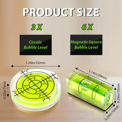 Nine Piece Mini Magnetic Spirit Levels With Crystal Clear Bubble Tubes, Kickass Acrylic Measuring And Layout Tool Kit size comparison image featuring circular and magnetic bubble levels.