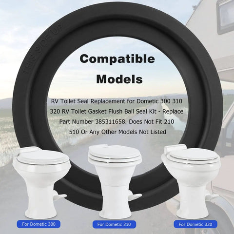 RV Toilet Seal Replacement Kit For Dometic 300 310 320 Gasket Seal Kit Part 385311658 2 Pack Durable Rubber, three toilet models shown