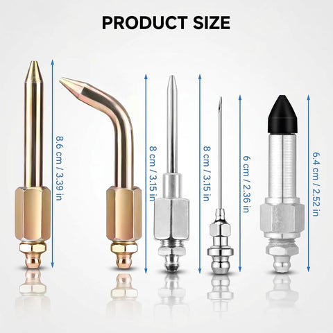 Grease Gun Needle Tip Kit 7 Piece Set Heavy Duty Pro Grade With Bent And Straight Adapters shows various needle sizes and designs.