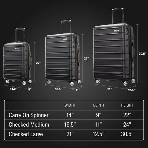 Samsonite expandable luggage set showing carry-on, medium, and large suitcases with dimensions.