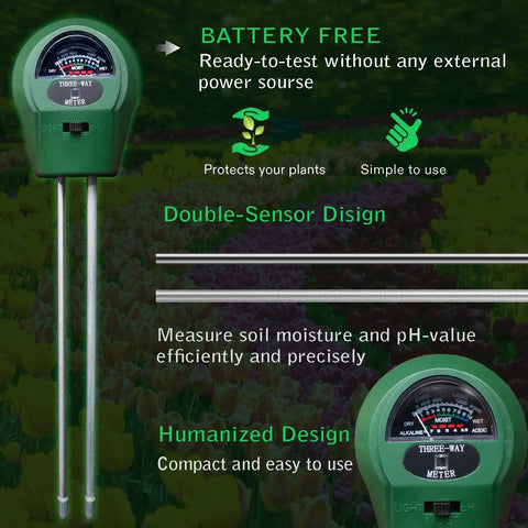 Green Three In One Soil Tester For Garden And Home With PH Meter Moisture Meter And Light Intensity Gauge, with dual metal probes.