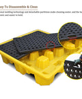 Stackable Industrial Drum Spill Pallet With Drain Modular Workhorse Heavy Duty Containment Platform, yellow with black grid