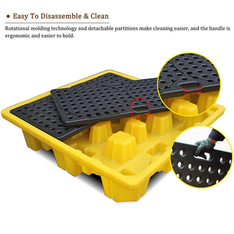 Heavy Duty Drum Spill Pallet With Drain For Garage And Shop Stackable Containment Tray in yellow with detachable grid