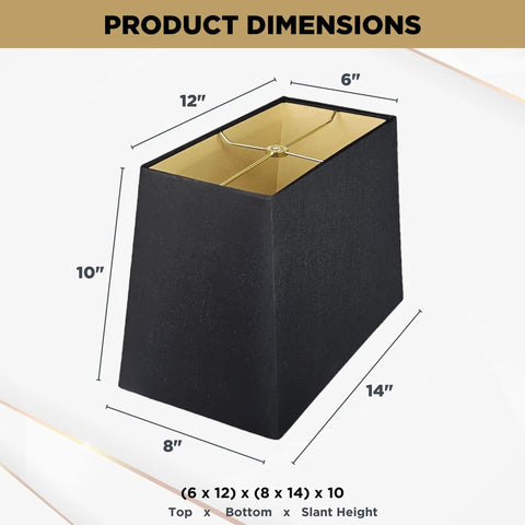 Bold Black Rectangle Hardback Lamp Shade With Gold Lining, 6x12 x 8x14 x 10, Premium Linen Or Silk Type Shantung, dimensions view