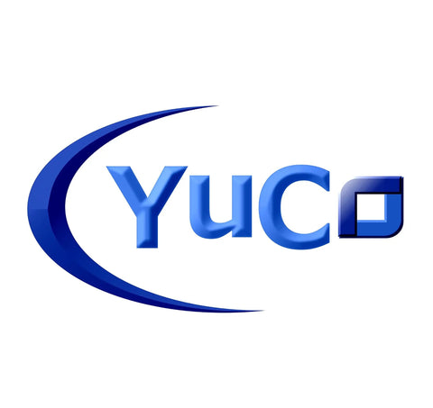Blue "YuCo" logo with curved design elements