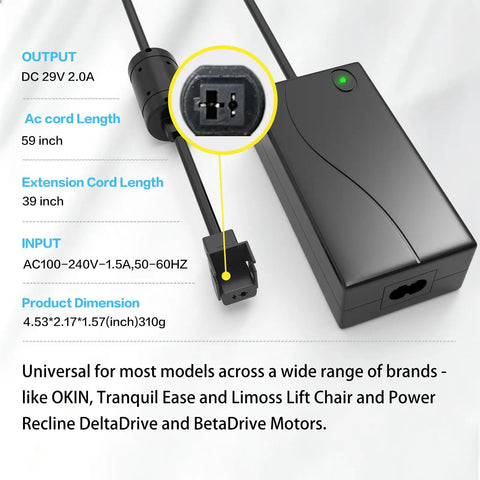 29V 2A Power Recliner Adapter Replacement For Electric Sofa Couch Lift Chair Power Supply AC/DC Adapter. Black power supply with connectors.