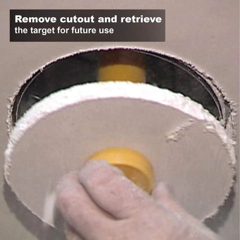 Compact yellow magnetic tool removing drywall cutout for precise installation with Stop Sweating Those Tricky Drywall Cutouts With This Heavy Duty Magnetic Recessed Light Layout Tool That Snaps Together Through Sheetrock To Nail Perfect Centers And Slash Guesswork Dead.