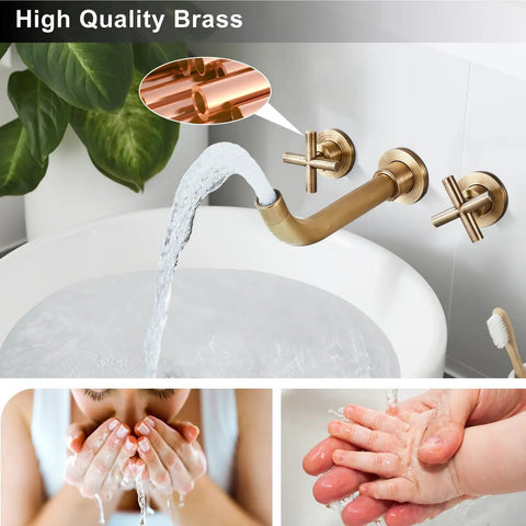 Wall Mounted Bathroom Sink Faucet With Dual Cross Handles, 3 Hole Widespread Vanity Mixer Tap In Matte Black, water flowing