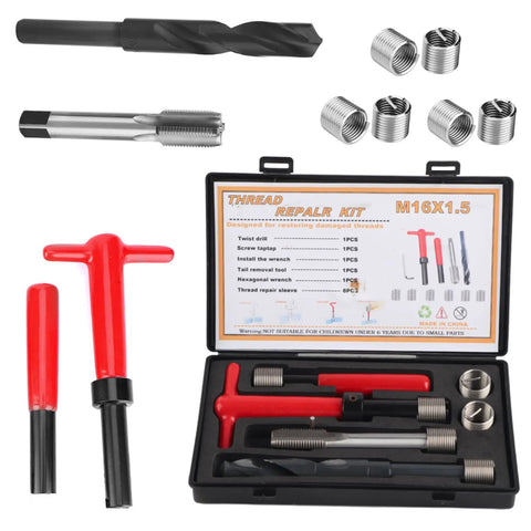 Tough As Nails M16x1.5 Thread Repair Kit With Heavy Duty Stainless Steel Inserts, tools and case, drill tap, and inserts for repairs.
