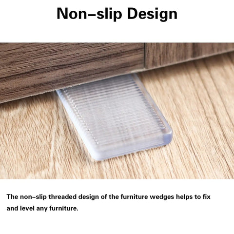 Close up of 8 Pcs Clear Furniture Shims With Non Slip Threaded Level Wedges beneath furniture, showing non-slip design detail.