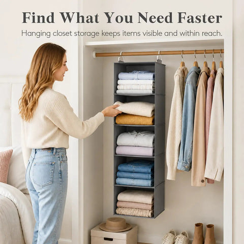Five Tier Hanging Closet Organizer With Multi Compartment Wardrobe Storage Bin For Sweaters Pants And Towels, grey fabric shelves with folded clothes.