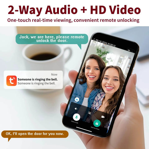 Smartphone displaying camera feed for 6 In 1 Keyless Entry Smart Lock With Camera And Doorbell, app remote control feature.