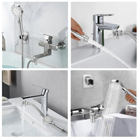 Top Shelf Handheld Bathtub Shower Head With 79 Inch Hose And Dope Six Spray Modes Includes Three Way Brass Diverter in use at various angles.