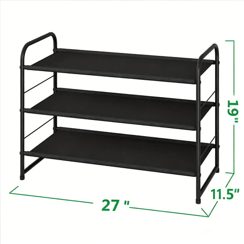 Spiffy Three Tier Stackable Shoe Rack Expandable Adjustable Fabric Shoe Organizer With Extra Bottom Shelf, black metal frame, dimensions 27" x 11.5" x 19"