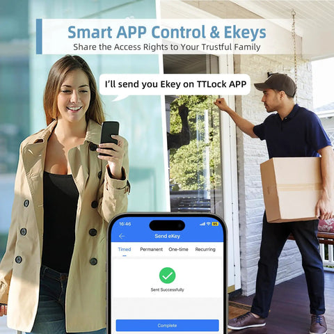Slick Biometric Fingerprint Smart Lock With Handle Set For Front Door showing app control to send eKeys securely.