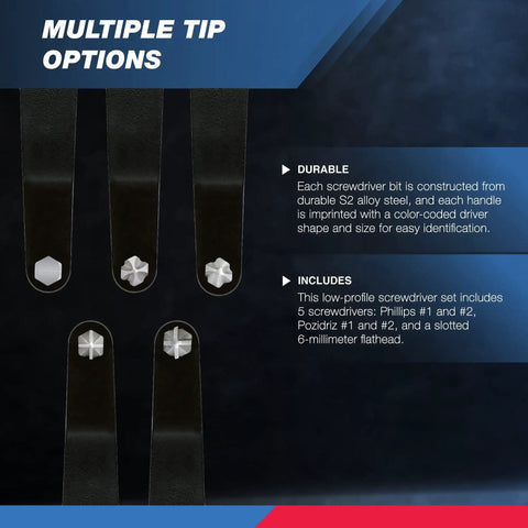 Ultra Low Profile Offset Screwdriver Set, 5 Piece S2 Steel With Phillips Pozidriv And Slotted Bits showing multiple tip options