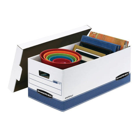 No Sweat 4 Pack Medium Duty File Storage Boxes Letter Size Organizers With Lids Stackable Corrugate Document Holders Quick Pop Up Design for office filing.