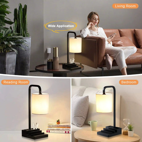 Three Way Dimmable Touch Lamp For Nightstand With USB Ports And Outlet displayed in living room, reading room, and bedroom.