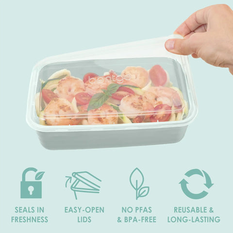 Hand sealing lid on 20-Piece One-Compartment Meal Prep Containers With Lids PFAS And BPA Free Materials, salad inside.
