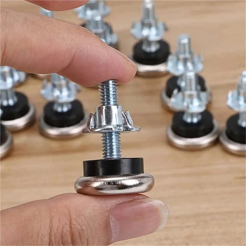 Close-up of Adjustable Table Leg Levelers With Felt Pads M6 showing T Nut Leveling Feet for Stable Furniture on Hardwood Floors